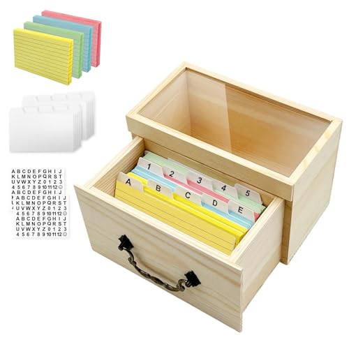 Daily Treasures Karteikarten-Set aus Holz, 200 farbige Karteikarten (12,7 x 7,6 cm) & 10 Karten-Trennwände und 2 Aufkleber-Etiketten, Karteikarten-Organizer mit transparenter Oberseite, ausziehbares