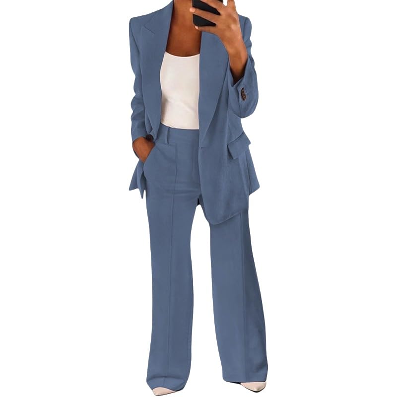 2 Piece Outfits for Women Fall Dressy Blazer Jackets High Waisted Straight Leg Pants Suits Set Business Casual Office