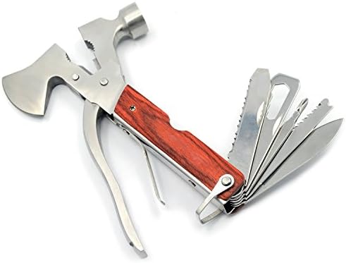 Saw Blade Knife Multi-functional Tool Set Rescue Hammer Plier Hatchet Is Made Of Stainless Steel, Wood Handle, Durable And Portable.