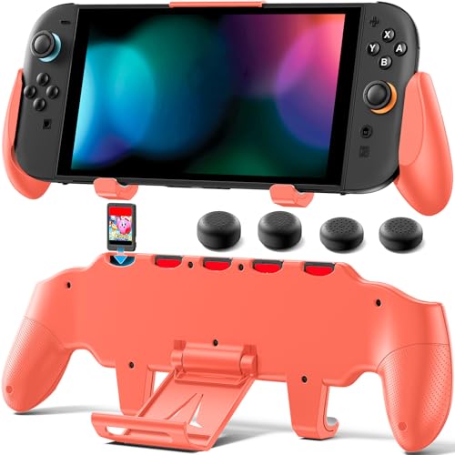 Image of OIVO Grip Compatible with Nintendo Switch 2, Switch 2 Ergonomic Grip Case with Adjustable Stand, Comfort Game Accessories with 5 Game Card Slots and 4 Thumb Caps, Orange