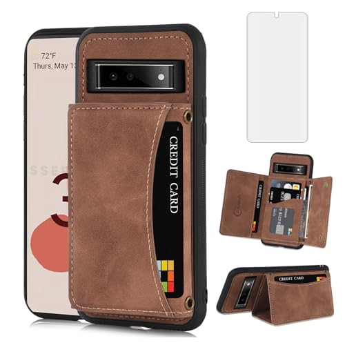 Étui portefeuille Google Pixel 6 en cuir synthétique robuste avec porte-cartes et verre trempé