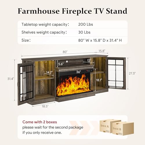 Image of MXV 80'' Fireplace TV Stand, Farmhouse Entertainment Center with 3 Sided Glass TV Stand, Modern Media Console Table with Storage Drawers & Cabinets with LED Flame and Lights for Living Room, Gray