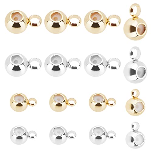 PH PandaHall 80pcs Barrel Brass Hanger Links 2 Colors Golden Silver Bail Bead with Charm Loop 6x4/7.5x5mm Insert Rubber Stopper for Earring Necklace Bracelet, Rubber Hole: 0.8/1.2mm, Loop: 1/1.8mm