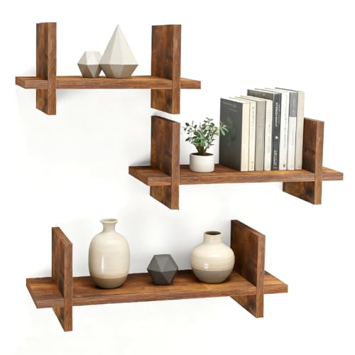 LUPATDY Lot de 3 Étagères Murales en Bois Massif, Design Industriel, Étages Suspendues pour Images, Livres et Décoration, pour Salon, Chambre à Coucher,...