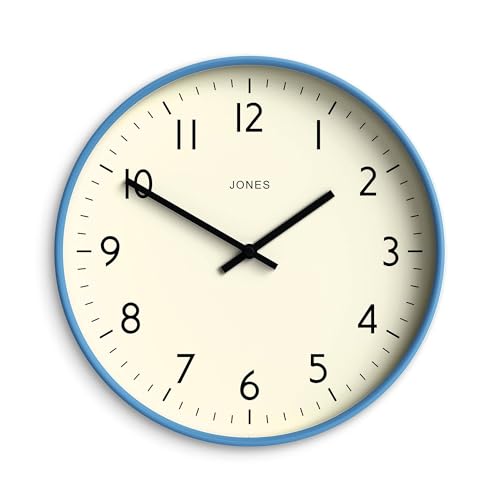 JONES CLOCKS® Studio Wall Clock | Modern Round Style | 12 inch | Mid Blue | Easy to Read Numbers | Versatile Design for Kitchen, Living Room or Office