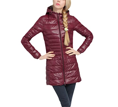 Veste d'hiver longue femme bordeaux cocon de chaleur en duvet de canard léger à capuche XXL