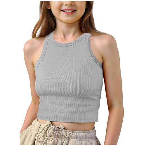 Girls Vests Ribbed Crop Kids Top Ribbed Knit Sleeveless Round Neck Sleeveless Basic Cropped Top Plain Stretchy Sports Vest Breathable Tanks Girls Undershirts Summer Children (a-Grey, 9-10 Years)