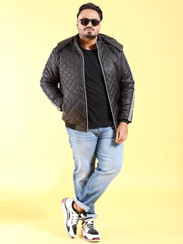 Image of Hardsoda Men Black Plus Size Solid Hooded Quilted Jacket