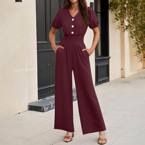 Image of HGps8w Jumpsuits for Women Dressy 2026 Summer Button Front V Neck Puff Sleeve Elegant Wide Leg Pants One Piece Romper