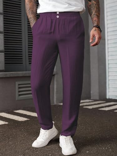 Image of TAGDO Men's Cotton Casual Premium Linen Blend Pants | Lightweight & Breathable Fabric | Elastic Waist with Button | Loose Fit | Perfect for Holidays & Travel (2055)