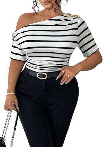 SOLY HUX Women's Plus Size Striped T Shirt Off The Shoulder Short Sleeve Ruched Tee Summer Tops