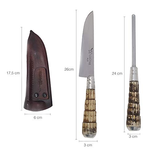 Facas Gaúcha, 4006RT, Kit Faca 6'' Chaira Inox Rabo Tatu Bainha Couro Churrasco, cor Marrom, Aço