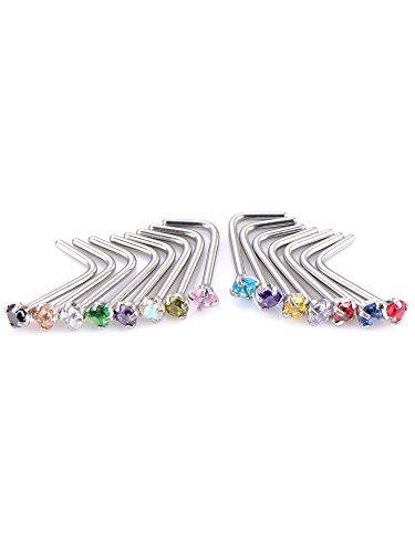 Mudder 15 Pieces 20 Gauge l Shaped Nose Ring Curved Cubic Zirconia Nose Studs Bend Bar Piercing Jewellery for Women Men 15 Colors3