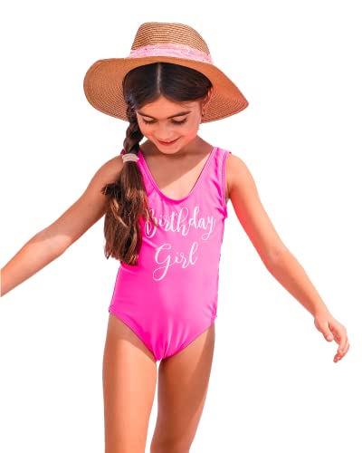 A Dash of Chic Little Girls Hot Pink Birthday Girl Swimsuit- Pink Bday Girl One Piece Swim Suit