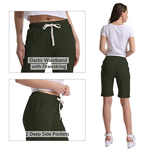Women's Elastic Waist Short Cotton Bermuda Shorts With Drawstring Exercise Shorts For Women Knee Length Sweat Shorts Summer Athletic Shorts Army Green #TOP4