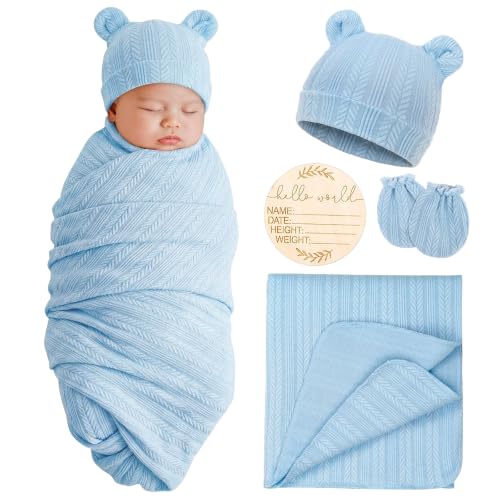 Image of AQOKKA Newborn Receiving Blanket with Bow Hat Mittens Set Nursery Swaddle Wrap Toddler Swaddles for Newborn Baby Boy Girl