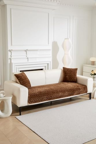 Image of HOMETHREADS Innovative Premium Velvet Sofa Cover Mat with PVC Backing for Non-Slip Comfort (Braid Brown, 2 Seater | 70x140cm)