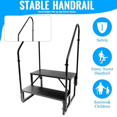 Image of RV Step Stool, 2 Step Ladder, Hot Tub Steps with 2 Handrails, Heavy Duty Ladder Shelf Bookcase, 5th Wheel RV Mobile Home Stairs for Camper /Porch /SPA Pool /Pet Stairs(1 Pack)
