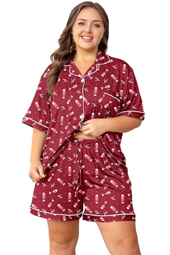 Image of Vozanet Women's Plus Size Button Down Pajamas Soft Lounge Sets Shorts with Pockets Bride Nighty Solid Soft Pjs 1x to 5x