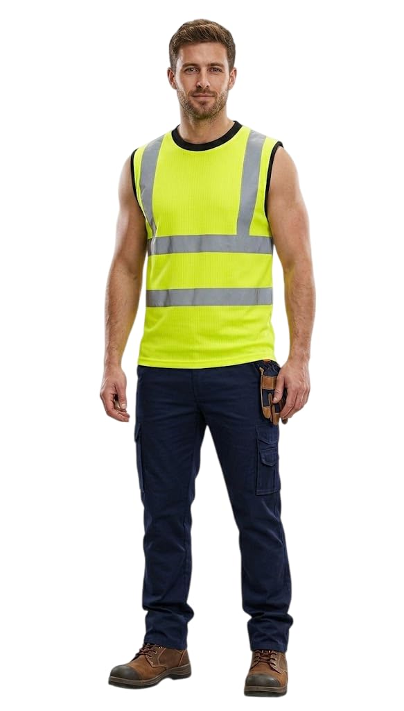 Generation-Plus+® Hi Vis Viz Work Utility Sleeveless Round Neck T-Shirt Warning Vest - High Visibility Safety Security Workwear Double Tape Tank Top (Yellow, Medium)