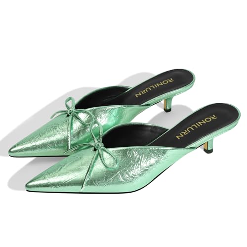 Image of Kitten Heels for Women Heeled Mules Stiletto Pumps Bow Closed Toe Pointed Toe Low Heel Slip on Fashion Metallic Backless Prom Party Dressy