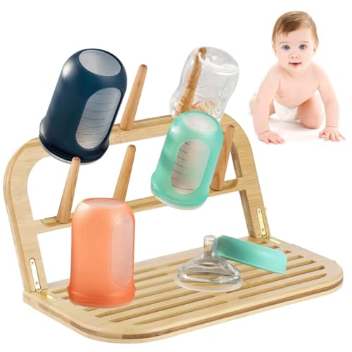 SWEWARM Bamboo Baby Bottle Drying Rack, Wooden Multi-Layer Organizer for Bottles, Pacifiers, Cups, and Wine Glasses, Space-Saving Design