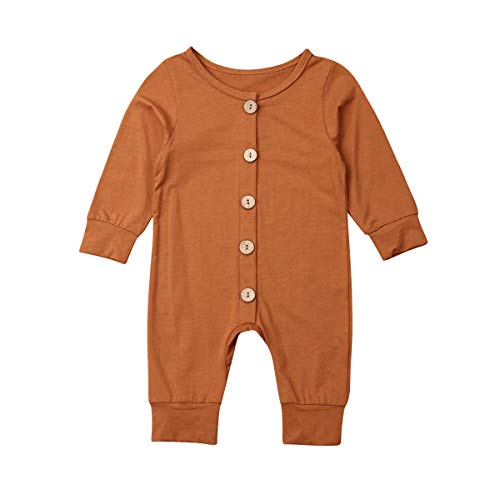 Seyurigaoka Newborn Baby Boy Girl Romper Cotton One Piece Long Sleeve Jumpsuit Button Down Coverall (Coffee, 0-3 Months)