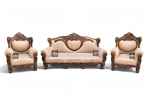 Image of Royal Carved Wooden Sofa Set | 3+1+1 Seater | Antique with Button Tufted Velvet Upholstery | Victorian Style Living Room Furniture Tufted Sofa Set Grey 3-Piece (Design 12)