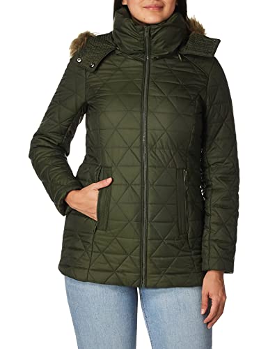 Marc New York by Andrew Marc Women's Chevron Quilted Down Jacket with Removable Faux Fur Hood, Olive Green, X-Small