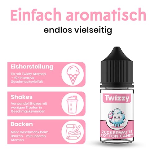 Twizzy Zuckerwatte Lebensmittelaroma -30ml- Intensives Aroma – Ideal zum Backen, in Lebensmitteln & Getränken, auch für Vernebler, Nebelmaschinen, uvm