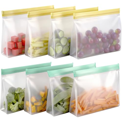 Lot de 8 sacs en silicone réutilisables avec fermeture éclair et support pour aliments, congélation, sandwich, sacs de rangement PEVA pour légumes, lait, collations, viandes