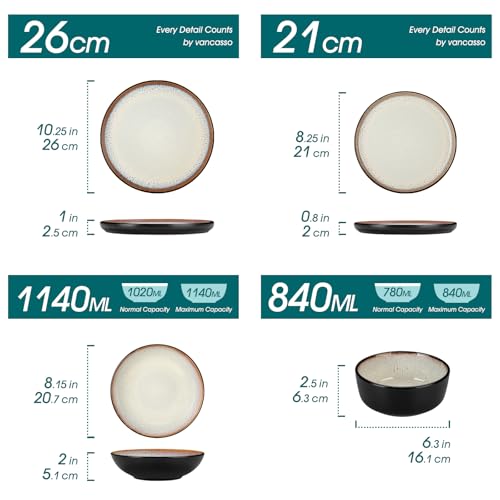 Steingut Geschirr Set 12 Personen Beige, vancasso AMBER Teller Set 12 Personen, Tafelservice 48tlg mit Speiseteller, Dessertteller, Suppenteller, Schüssel, Reaktive Glasur, Hellgelb, Spülmaschinenfest