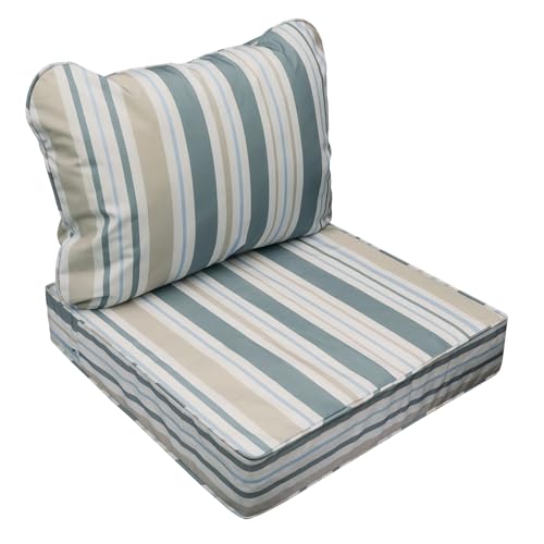Image of AAAAAcessories Outdoor Seat Cushions for Chairs, Fade-Resistant, Waterproof Patio Furniture Replacement Cushions, 23.5 inch x 25.5 inch x 5 inch + 23.5 inch x 19 inch, Slate Gray Blue Coastal Stripe