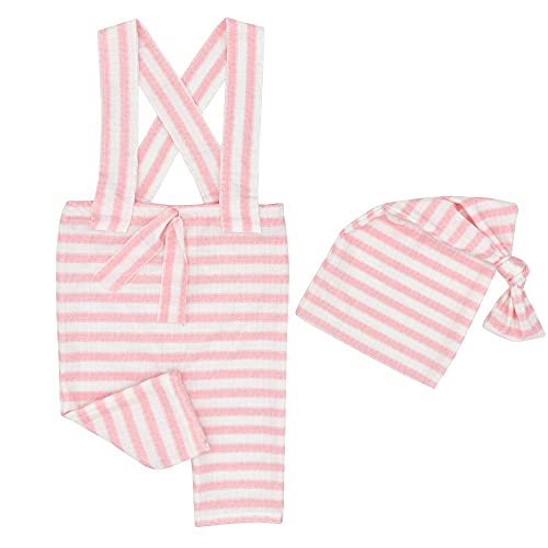 Winmany Neugeborene Baby Fotografie Requisite Outfits Gestreifter Overall Strampler Knotenhut Fotoshooting Kostüm für 0-2 Monate