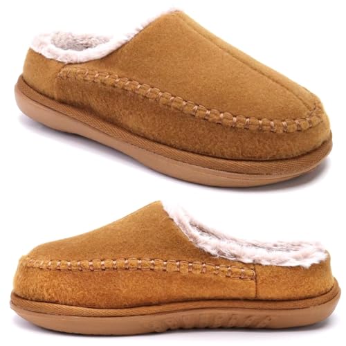 KuaiLu Womens Clog Slippers with Comfy Arch Support Orthotic Plantar Fasciitis Memory Foam Ladies Slippers for Women Winter Warm Fluff Faux Fur Slip on Felt Houes Shoes Hard Rubber Sole Khaki size 11