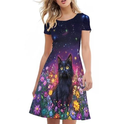 Image of HUGS IDEA Womens Puffy Swing Midi Dress Round Neck Short Sleeve Party A-Line Dresses