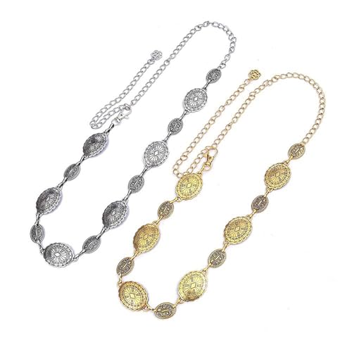 2 PCS Western Belt for Women | Western Chain Belt with Concho | Cowgirl Belt Festival Country Concert Rodeo Accessory | Metal Waist Chain Belt for Dresses (Gold+Silver)