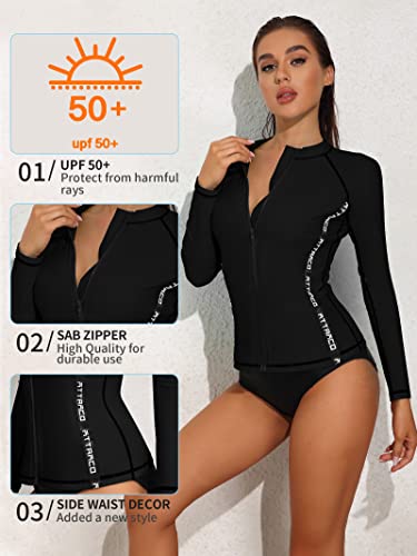 Attraco Womens Rashguards Swim Shirt Uv Sun Protection Upf 50+ Surf Swim Top Solid Round Neck Black S #TOP3