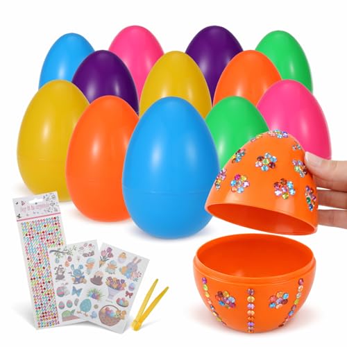 Festicy 12 Oeuf de Paques XXL I 15 x 10 cm Grands Oeufs colorés à remplir I avec Autocollants Strass et Tatouages I Oeuf de Paques Plastique pour Enfants I...