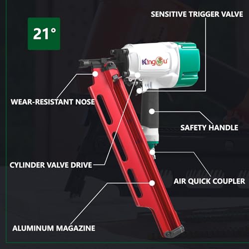 Image of KingOu Mexican Style 21 Degree NR2183M Light Weight (7.8lb) Framing Nailer, Pneumatic Framing Nail Gun with Aluminum Magazine, 2-Inch up to 3-1 /4-Inch Plastic Collated Full Head Framing Nails