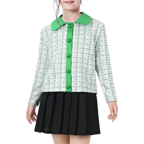 Image of Sunny Fashion Girls Outfit Set 2 Piece Green Plaid Knit Cardigan Pleated Skirt