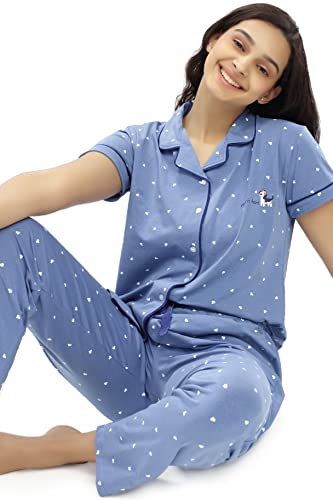 Image of ZEYO Women's Cotton Heart Printed Stylish Night suit set of Shirt & Pajama Set 5612