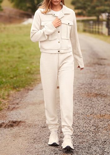 Image of PRETTYGARDEN Womens Two Piece Sets Fall 2026 Long Sleeve Button Down Shacket Jacket Long Sweatpants Tracksuit Winter Clothes