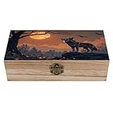 Anceky Caja de almacenamiento de madera con diseño de lobo iluminado por la luna, joyero vintage de madera, organizador rústico decorativo para decoración del hogar, manualidades y anillos.
