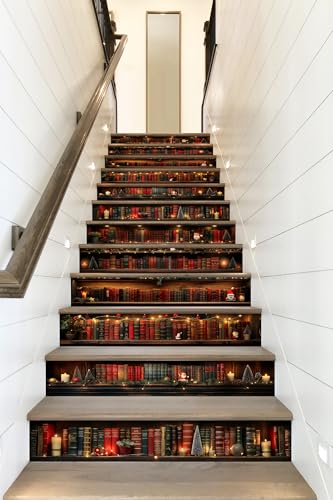 AMAZING WALL Holiday Stair Riser Decals, Bookshelf with Warm Lights,