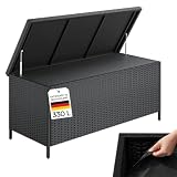 STEELSØN Serion Gartenbox schwarz – Rattan Aufbewahrungsbox klappbarer Deckel – Outdoor Auflagenbox – Aufbewahrungskiste wetterfest – Gartenkiste Stahlgestell – Kissenbox 140 x 62 x 61 cm