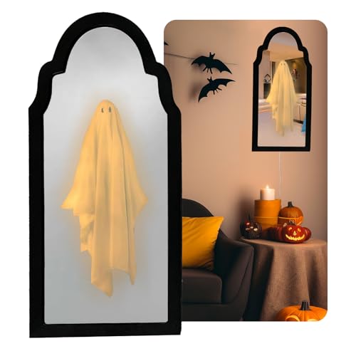 VANSUN 2026 Halloween Ghost Mirror with Wood Flame 19.7X9.4 Hologram Spooky Mirror Halloween Decor for Indoor Spaces Bedroom Kitchen and Fireplace Decoration