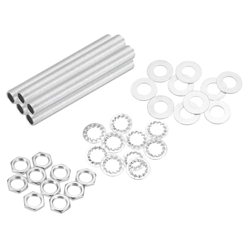 Image of MECCANIXITY 35Pcs 3.5 inch Lamp Pipe Nipples Kit with Hex Nuts Washers, M10 Fine Threaded Hollow Tube Repair Hardware Fasteners Assortment for Assembly Chandelier Ceiling Lamp DIY, Silver