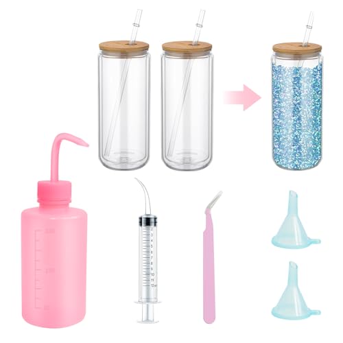 Snow Globe Tumbler 16 Oz Double Wall with Lid and Snow Globe Tumbler Supplies for Glitter Globe Kit DIY Glass Cup Gift Contains Plastic Squeeze Bottle Small Funnel Tweezers Bent Syringe