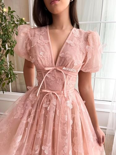 Women's Tulle 3D Butterfly Prom Dress 2024 Tea Length Lace Puff Sleeve V Neck Evening Party Gowns3